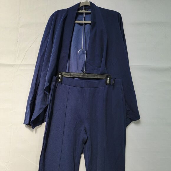 2 Piece Outfit Set Blue Drop Shoulder Open Front Coat & Pants Women's Size L - Picture 2 of 13